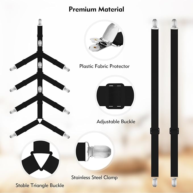 Bed Sheet Holder Straps, 4+2 Pcs Adjustable Mattress Sheet Clips, Bed Sheet Fasteners Elastic Sheet Suspenders to Keep Bed Sheet in Place for Different Beds (Black)