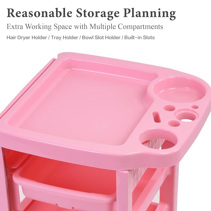 Paddie Pink Salon Trolley Cart with Wheels/5 Drawers/Dryer Holder/Tint Bowl Slot for Hair Stylist, Beauty Equipment
