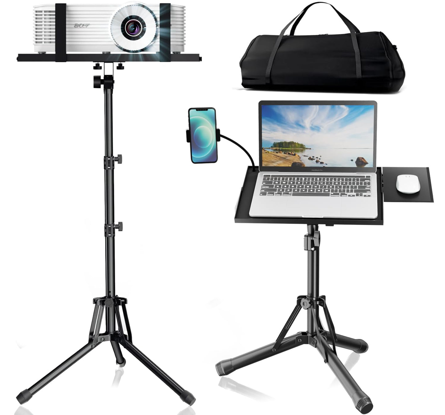 Projector Stand Tripod Adjustable Height 20 to 60 Inch, Portable Laptop Tripod with Gooseneck Phone Holder ＆ Mouse Tray, Projector Stand Outdoor Laptop Floor Stand for Podium,Studio, DJ Racks