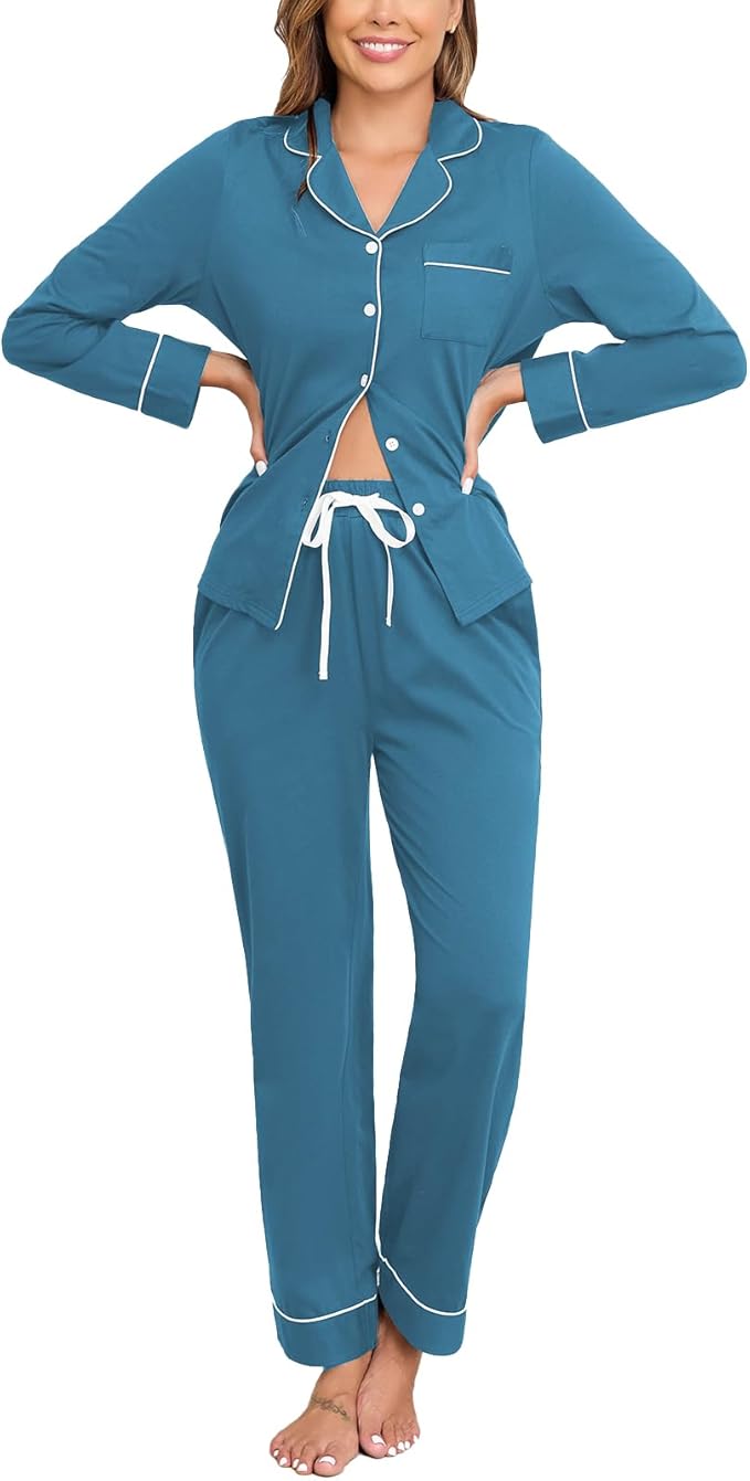 Veseacky 100% Cotton Pajamas for Women Set Long Sleeve Button Down Sleepwear Soft Pjs Lounge Sets with Pockets XS-XXL
