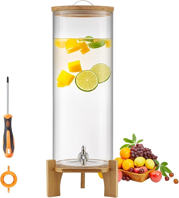 VEVOR Beverage Dispenser, 3.5 Gallon Drink Dispensers for Parties, Glass Juice Dispenser with Wood Stand, Stainless Steel ...