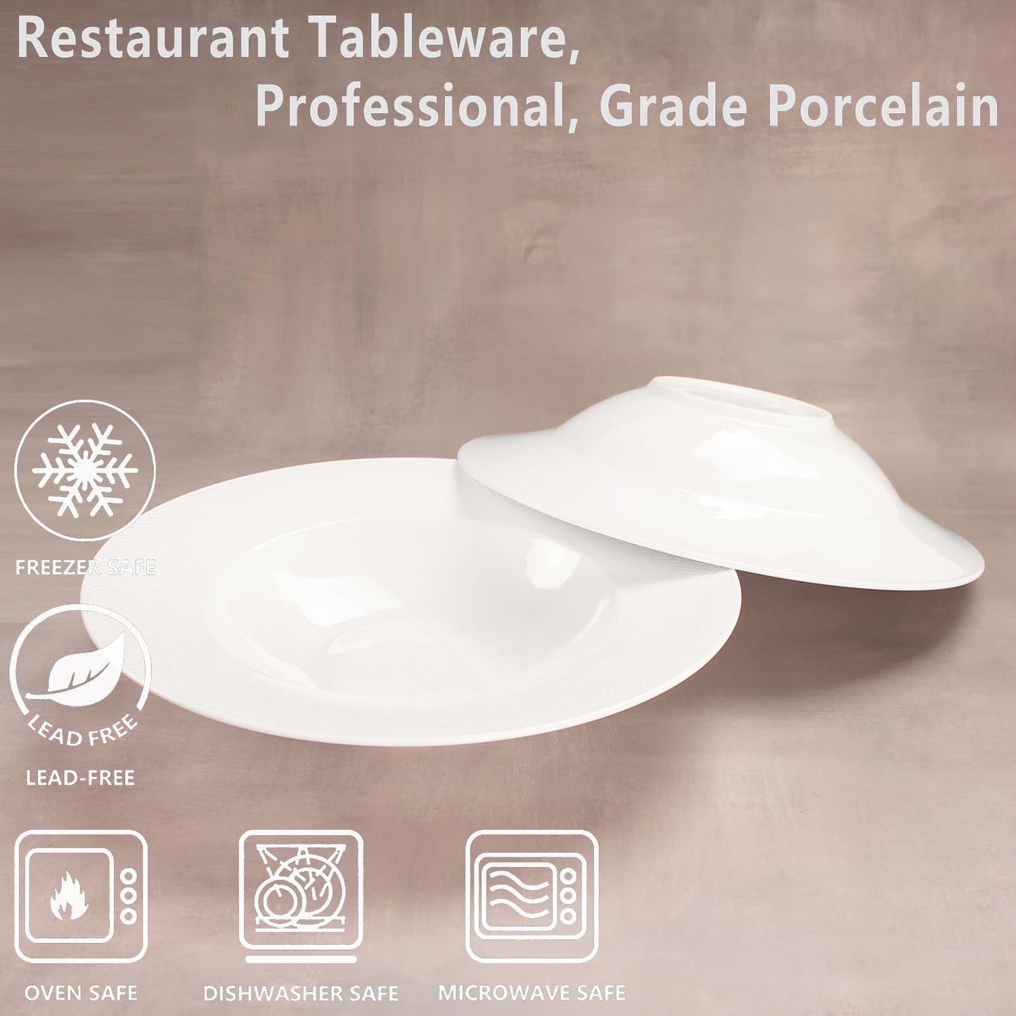 Soup Bowls, Pasta Bowls Plates, White Salad Bowls Set of 4, Embossed Porcelain Wide Rim Bowls, 6 oz, Microwave & Dishwasher Safe, Best for foodies and restaurants 9.9 Inch Reticulated