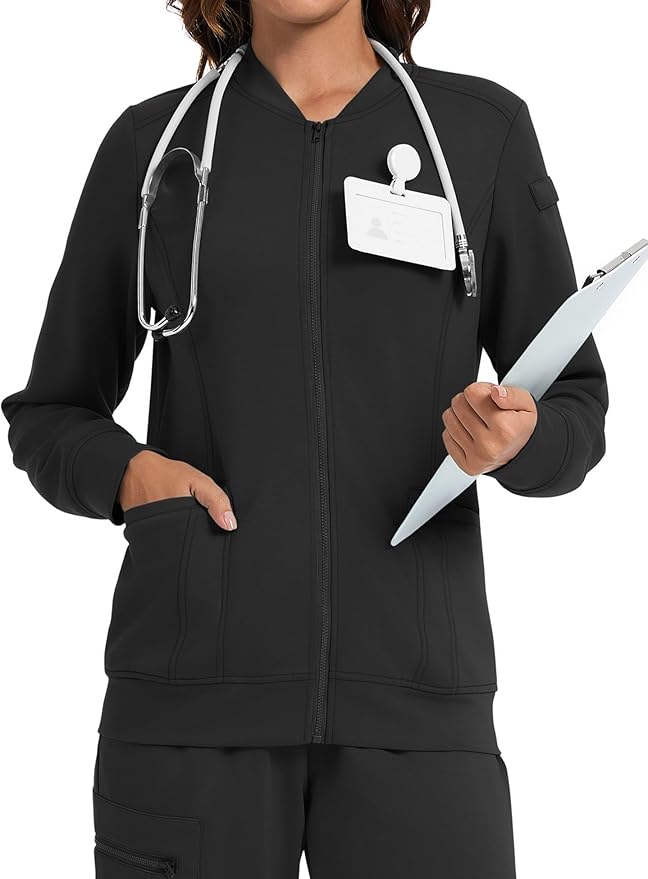 LOMON Scrub Jackets for Women Zipper Bomber Jacket Medical Nurse Coats with Pockets