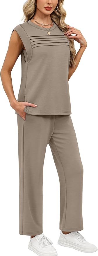 WIHOLL 2 Piece Sets for Women Summer Lounge Sets Travel Vacation Outfits Cap Sleeve Sweatsuit Side Slit Wide Leg Pants S-3XL