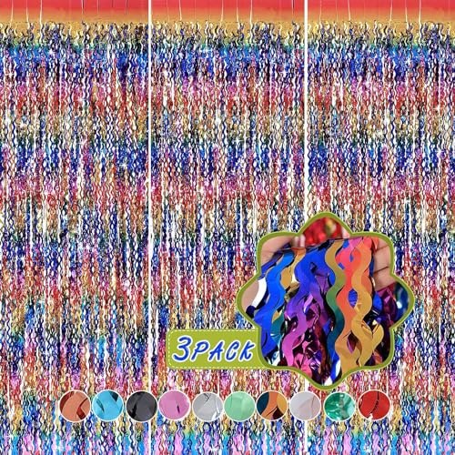 3 Pack Colorful Foil Fringe Curtain Backdrop - 6.6 x 3.3 ft Wavy Rainbow Tinsel Backdrop Curtain Metallic Streamers Irides...