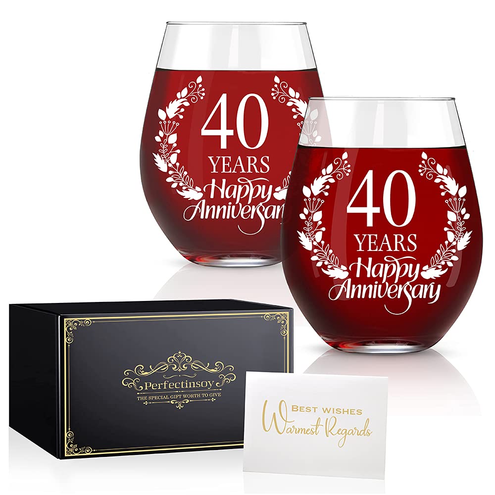 Perfectinsoy 40 Years Happy Anniversary Wine Glass Set of 2, 40th Anniversary Wedding Gift for Mom Dad Wife Soulmate Couple, Funny Vintage 40 Years Wedding Gifts for Men Woman Couple Family Friends