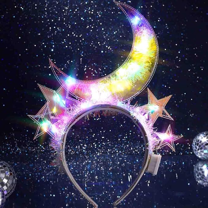 DRESBE Light Up Star Moon Headband New Year LED Headbands NYE Glow Party Hair Accessories for Women (Colorful Light)