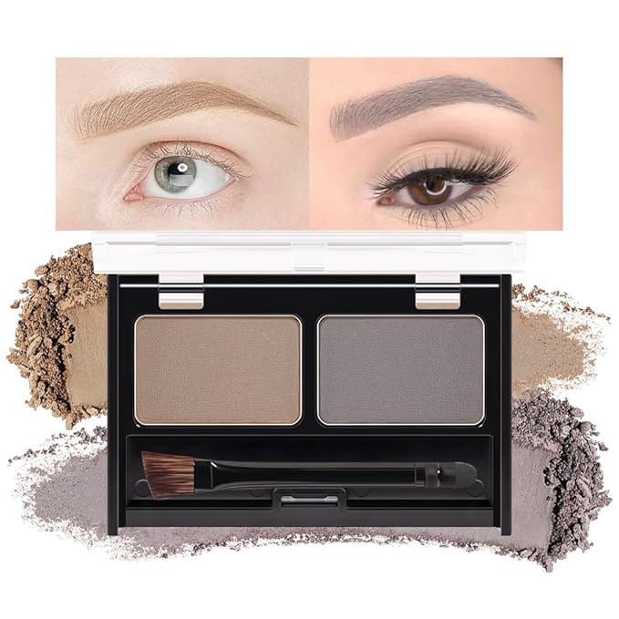 Eye Brow Powder for Women, Medium Brown Eyebrow Powder Kit with Double-ended Eyebrow Brush, Long-Lasting Waterproof Two Colors, Purse-Friendly Compact, Cruelty Free (Light Brown+Grey)