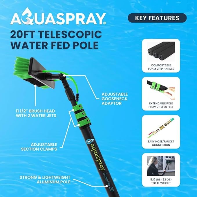 20 Feet Long Reach Solar Panel Cleaning Brush with Inline Water Filter, Telescopic Extendable for Roof Mounted Solar Panel and Window Cleaning: Water Fed Pole Cleaning Kit