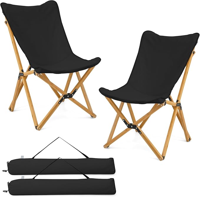 Tangkula Camping Chairs 2 Pack, Portable Folding Lawn Chair with Solid Bamboo Frame, Ultralight Canvas Seat, Back Pocket, ...
