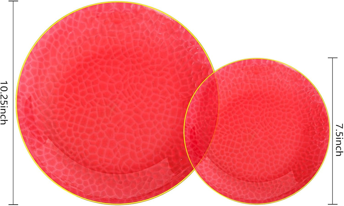 Rubtlamp 60 Pcs Red Plasitc Plates, Clear Red Disposable Plates With Gold Rim, Fancy Party Plates, red Hammered Plastic plates Include 30 Dessert Platos, 30 Dinner Platos