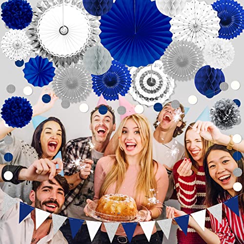 Blue and Sliver Party Decorations, 23Pcs Blue Birthday Decorations with Hanging Paper Fans, Pom Poms Flowers Packs for Gra...