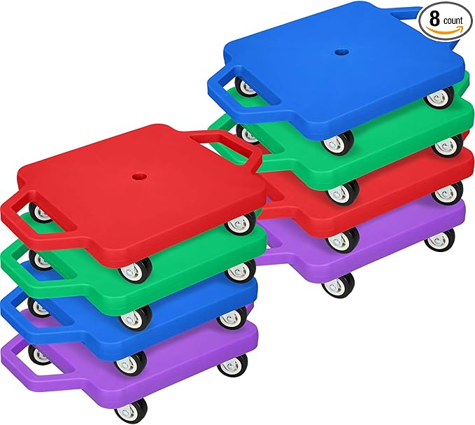 Jerify 8 Pieces Sports Scooter Board Sitting Scooter Board for Kids Plastic Floor with Non-Marring Plastic Casters, Physical Education for Home School Play Equipment