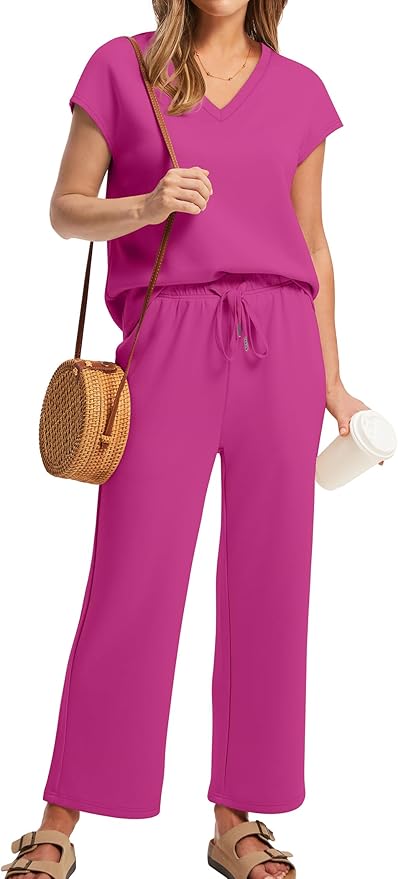 Saloogoe Two Piece Sets for Women Summer Outfits Lounge Sets V Neck Tops Wide Leg Pants Woman Vacation Travel Outfits