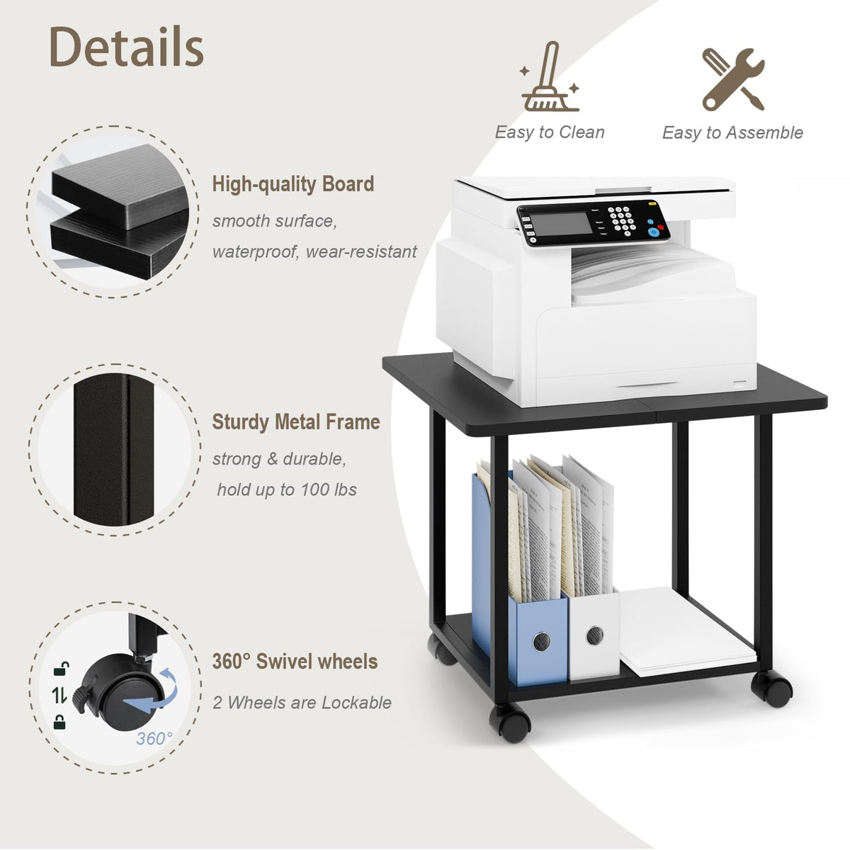 MARTY 22"x15.75" Large Under Desk Printer Stand with Storage Shelf 2-Tier Rolling Printer Cart with Wheels Printer Table for Home Office Heavy Duty Storage Rack for Scanner Fax Machine, Black