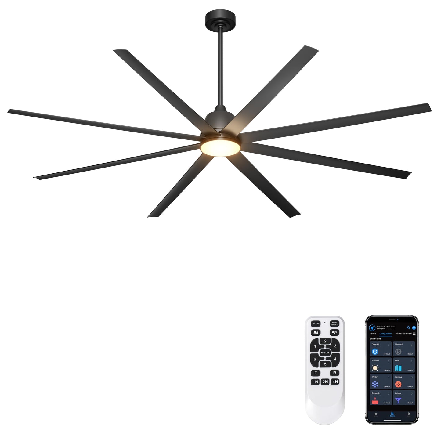Phylluz 96 Industrial Ceiling Fans With Lights, Large Ceiling Fan With Remote/App Control, Outdoor Ceiling Fans With 8 Blades, 3
