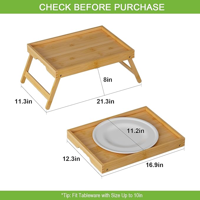 Youpehom Bed Tray Table with Folding Legs,Bamboo Breakfast in Bed for Kitchen Serving Tray,Sofa,Eating,Used As Laptop Desk Snack Tray (Bamboo, Large)
