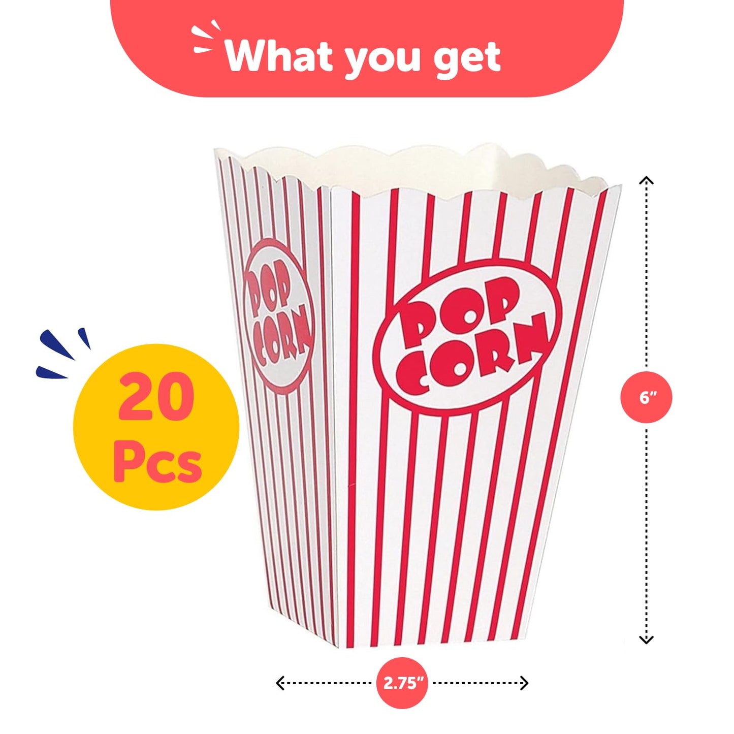 Kedudes 20-Pack Movie Night Popcorn Boxes for Party - 26oz Large Paper Snack Buckets - Movie Theme Party Decorations, Event Favors, Container, Carnival and Cinema Night Supplies - Red/White, 6"x2.75"