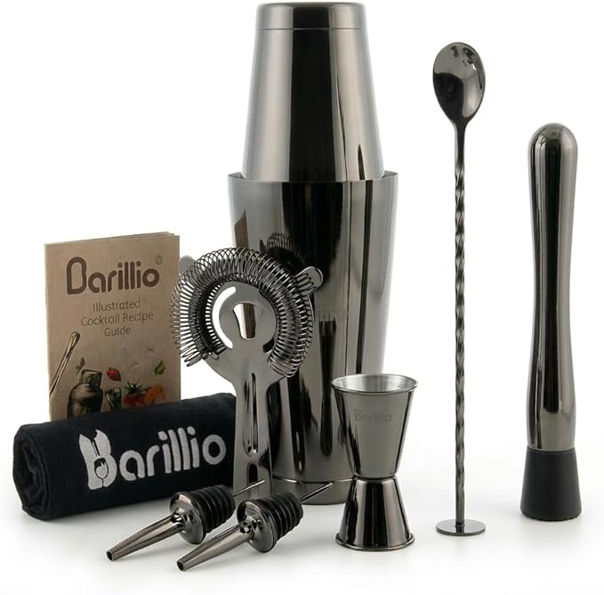Barillio Black Boston Shaker Set - Stainless-Steel, Weighted Martini Cocktail Shaker Set w/Strainer & Mixer - Mixology Bar...