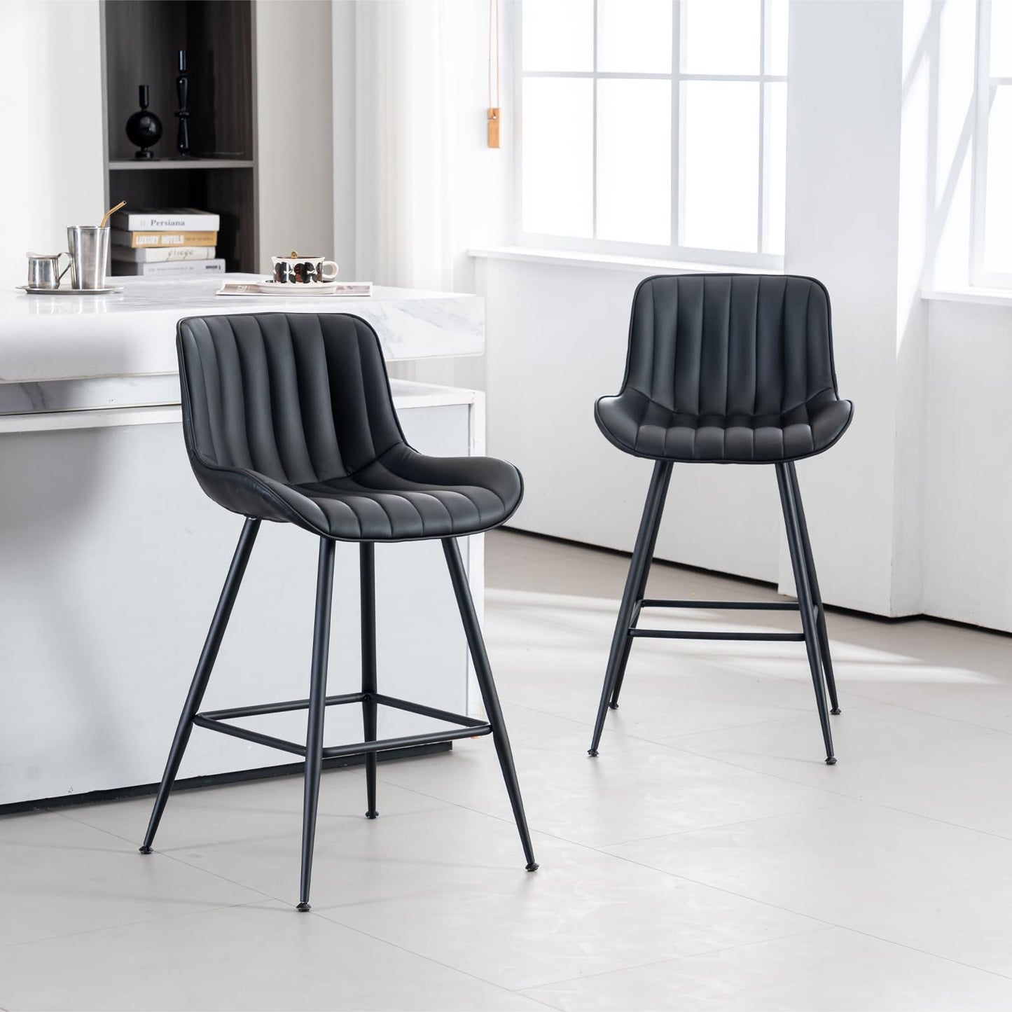 Ofrnseze Black Bar Stools Set of 2, Faux Leather Counter Height Barstools with Back and Footrest, Modern Bar Chairs for Kitchen Island Home Bar, Black
