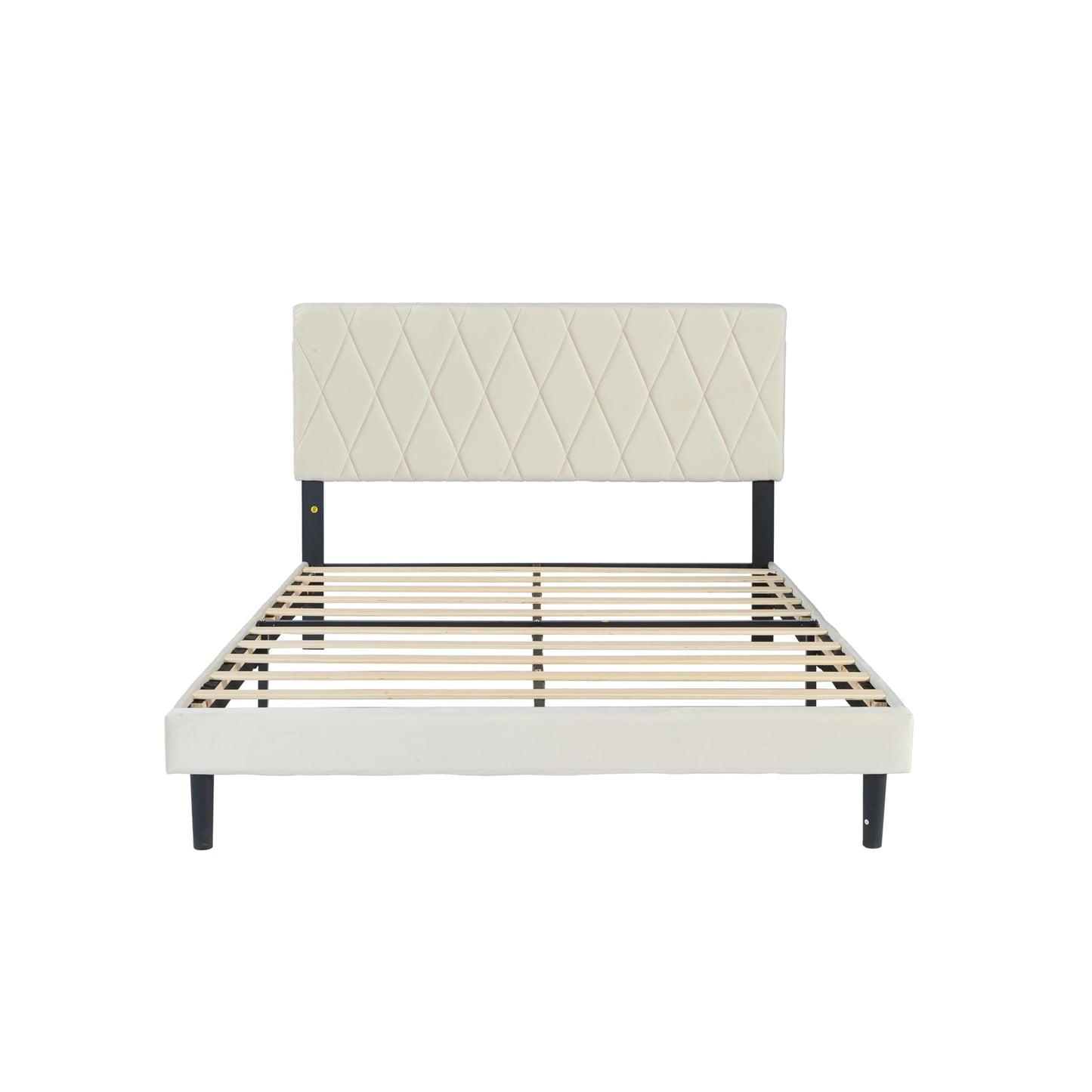 Rukboo Queen Platform Bed Frame with Storage Space, Fabric Upholstered Headboard, Fully Upholstered Mattress Foundation, No Box Spring Needed, Noise-Free, Easy Assembly, Beige