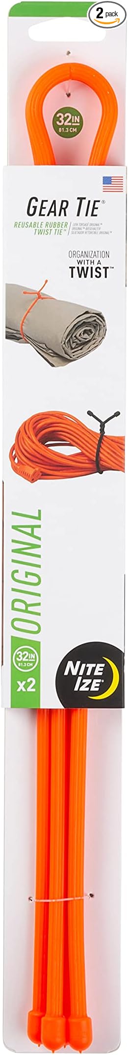 Nite Ize, Inc. GT32-31-2R3 Nite Ize Original Gear, Reusable Rubber, 32 Inch, 2-Pack, Bright Orange, Made in the USA Twist ...