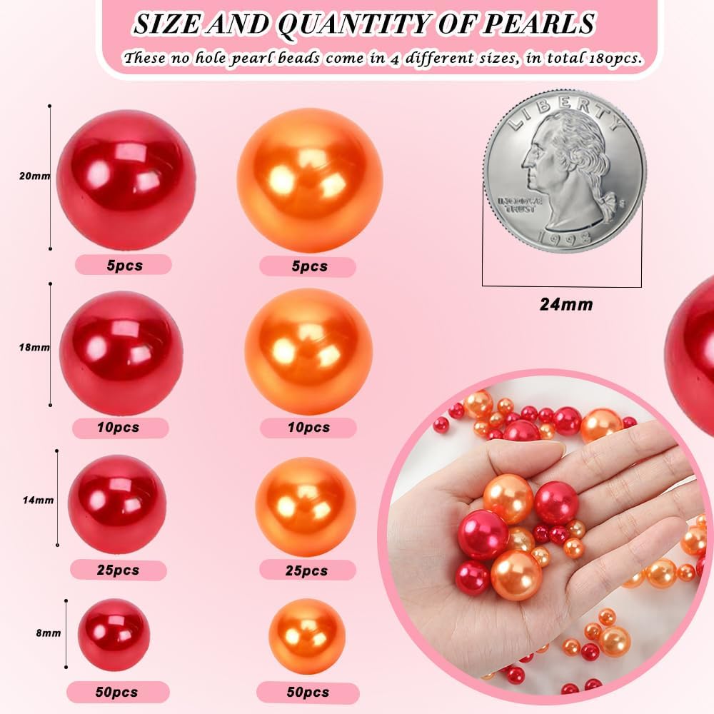 Pearl Beads No Hole Pearls for Crafting 180 Pcs Fake Pearls Faux Pearls for DIY Crafts Jewelry Making Vase Filler Floating Candle Wedding Birthday Party Home Decorations (Red & Orange, 8/10/14/20mm)