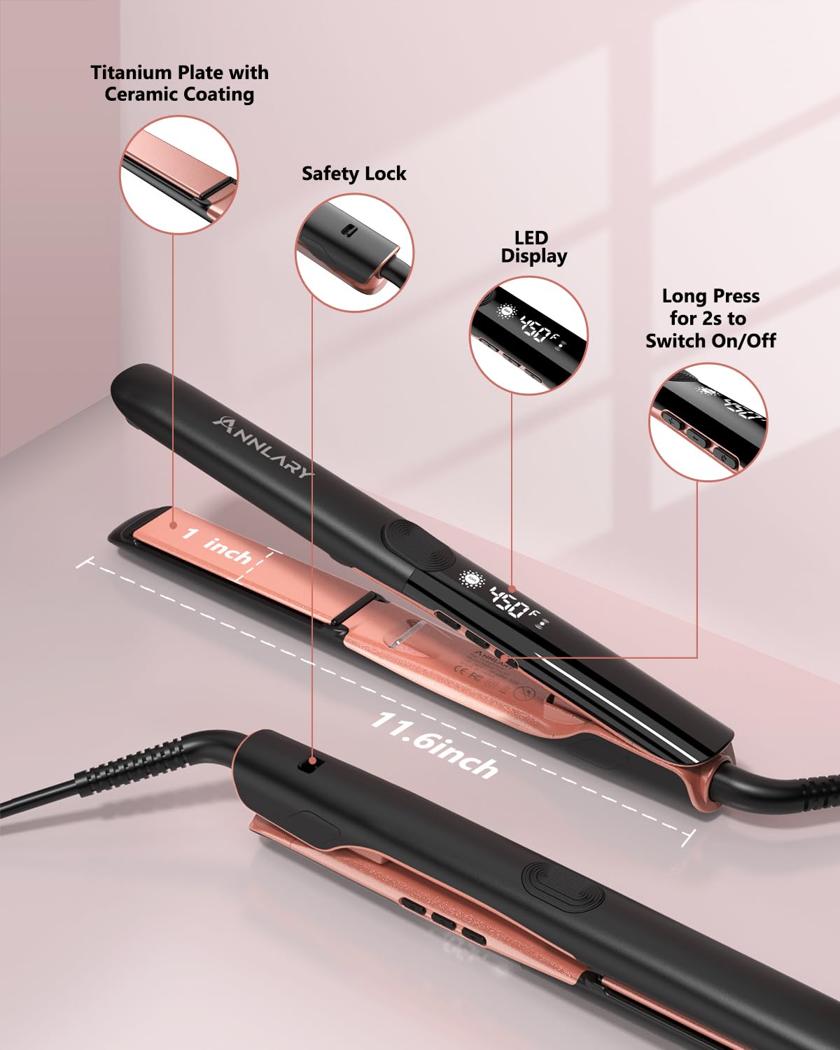 Annlary Hair Straightener 1 Inch Flat Iron and Curler 2 in 1 Titanium Ceramic Ionic Dual Voltage Straightener with Heat-Resistant Silicone, for Less Frizz, Shinier & Smoother
