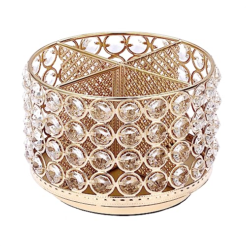 BTSKY Crystal 360 Degree Rotating Desk Organizer Decorative Storage Box with 4 Compartments, Glitter Metal Makeup Brush Ho...