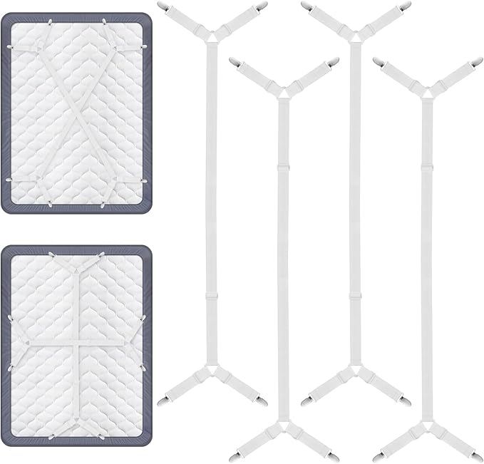 Foloda Sheet Holders Straps, 4 pcs Adjustable Bed Sheet Holder for Corners, Fitted Sheet Straps Fasteners Clips Suspenders Lock Gripper Scrunchie, Keep Sheet in Place