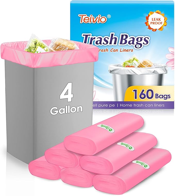 Teivio 4 Gallon 160 Counts Trash Bags Garbage Bags, Bathroom Trash Can Bin Liners, Small Plastic Bags for home office kitchen, fit 12-15 Liter, 3,3.5,4.5 Gal, Pink