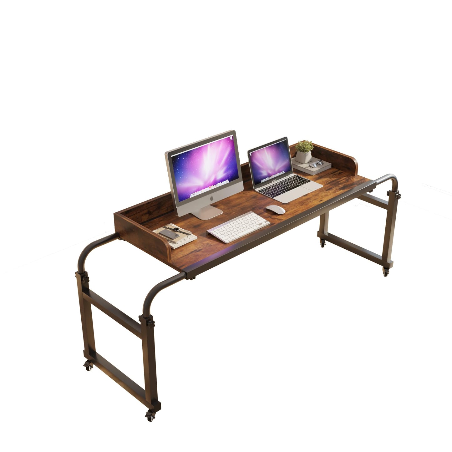 TigerDad Overbed Table with Wheels, Modern Style, Brown, 55.1-82.7x25.6x18.1 inches, 350lbs Weight Capacity