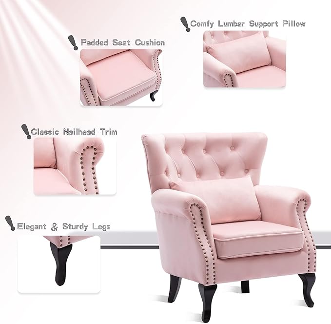 chairus Mid-Century Modern Accent Chair Comfy Tufted Single Sofa Chair Wingback Armchair with Pillow for Club, Living Room, Bedroom - Velvet, Pink