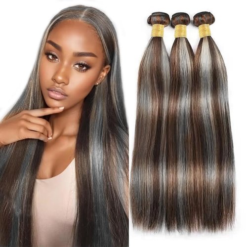 Giginger Bundles Human Hair P4/GREY 20 22 24 inch Straight Wave Human Hair Bundles Highlight Chocolate Grey Unprocessed Quick Weave Soft Sewn In Hair Extensions for Black Women