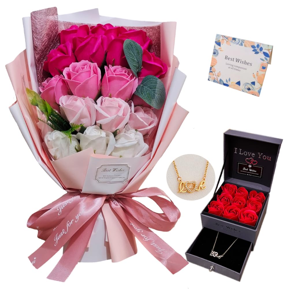 EIGHTOWN Roses Bouquet Artificial Flower - Preserved Red Flowers with Love Necklace for Her - Unique Gifts Valentine's Day, Mother's Day, Thanksgiving, Birthday, Anniversary… (Hotpink)