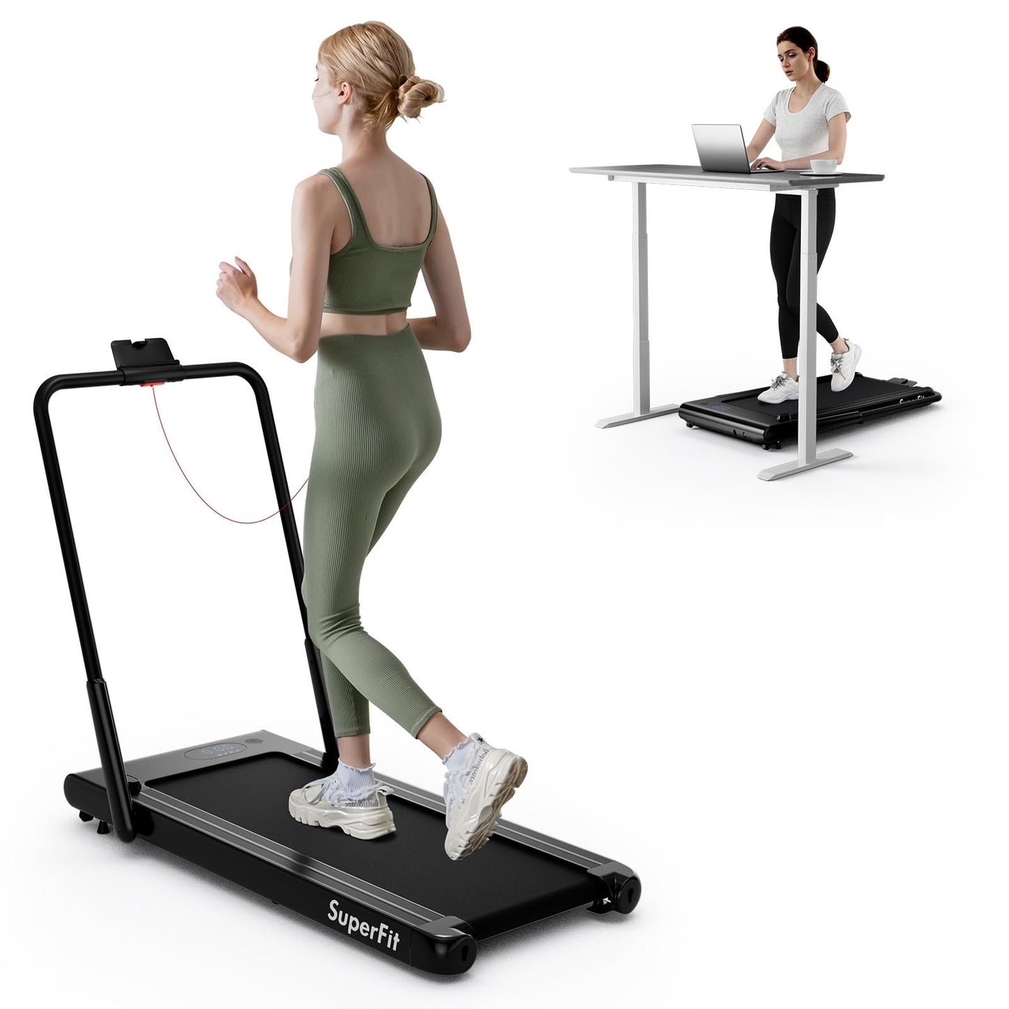 Goplus 2 in 1 Folding Treadmill, 340 LBS Capacity Walking Pad with Handle Bar, Under Desk Treadmill with Apps, Remote Control, LED Display, Foldable Portable Treadmills for Home Small, Office (Black)
