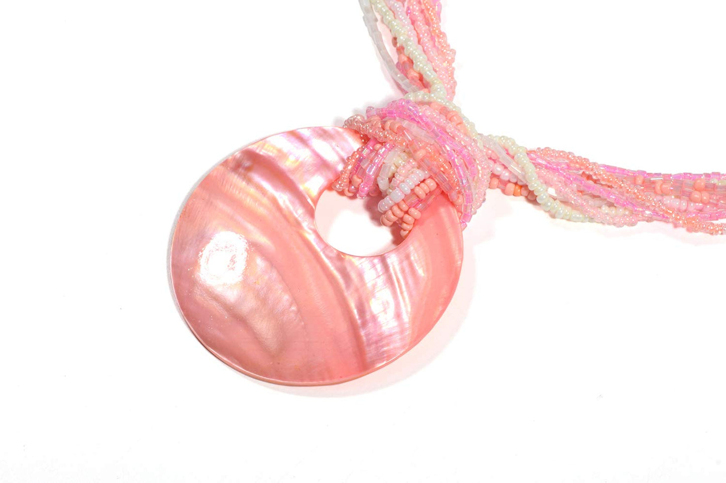Coiris Multi Strand Statement Colorful Beaded Necklace with Big Circle Shell Pendant for Women (N0055-Pink)
