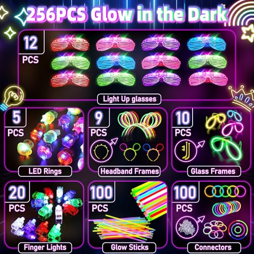HONLYNE Glow in the Dark Supplies for Kids Adults, Light Up Party Favors, 56 LED Light Up Toys, 100 Glow Sticks Bulk Party...