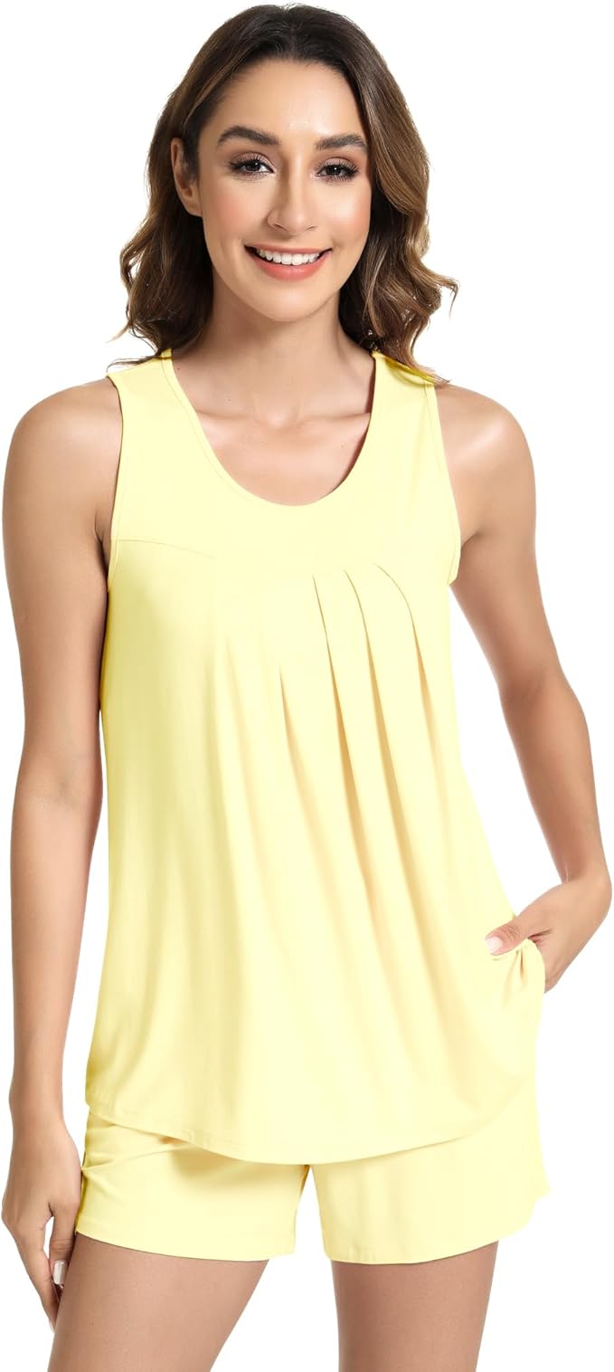 NACHILA Pajamas for Women-Viscose from Bamboo, Ribbed Racerback Tank Top Sexy Split Shorts Pajama Sets Cooling Sleep Cami Pjs