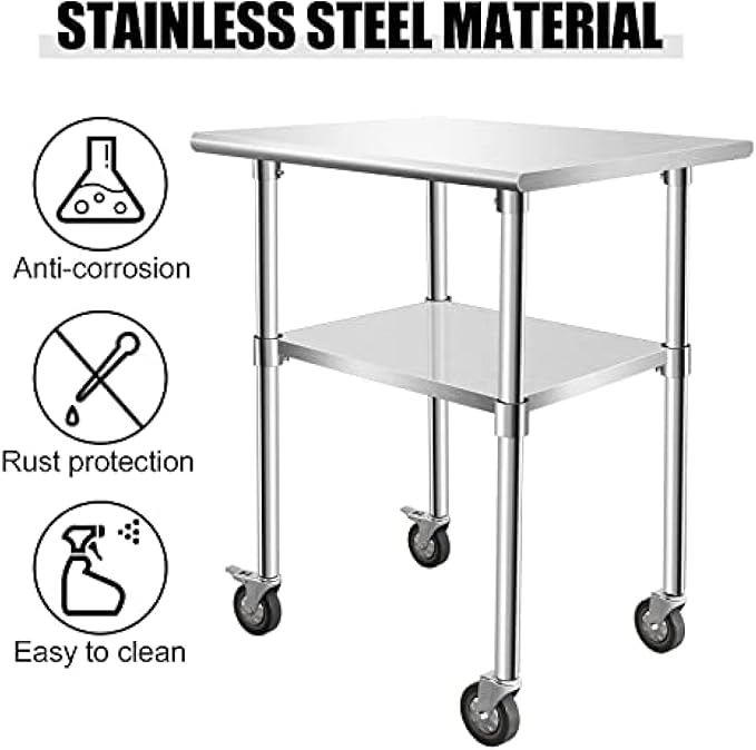 Stainless Steel Table - Metal Table Cart - Commercial Workbench with Caster Wheel - NSF Certified - for Restaurant, Warehouse, Home, Kitchen, Garage,30''x24''