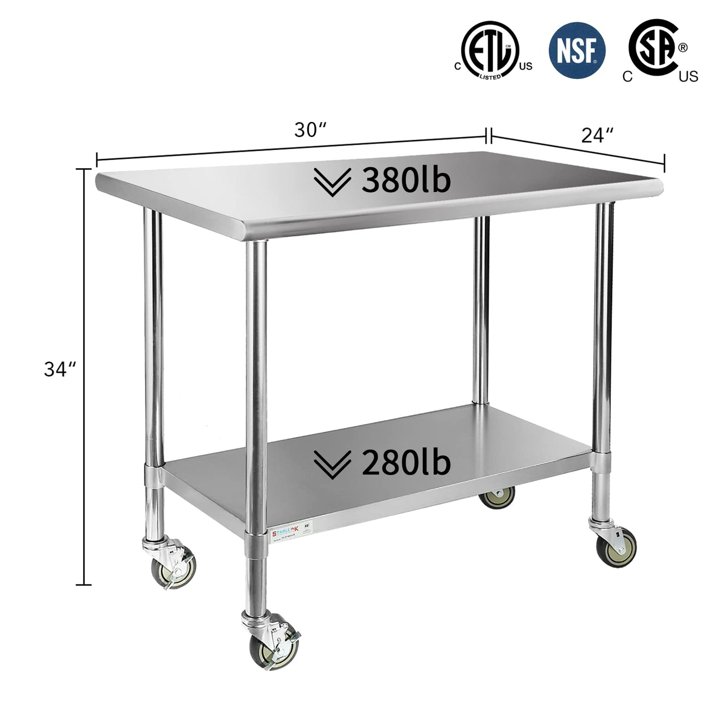 STABLEINK Stainless Steel Table with Wheels 24 x 30 Inches, NSF Commercial Prep & Workbench with Adjustable Undershelf and Casters, for Commercial Kitchen, Restaurant, Hotel,Laundry and Garage