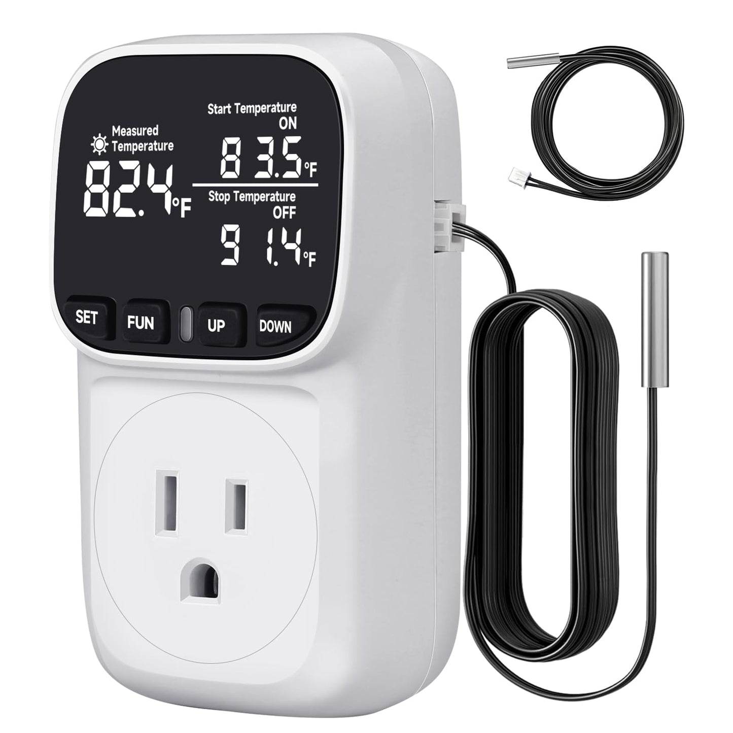 COMYAN Temperature Controlled Outlet with 16.4ft & 6.5ft 2 Probes, Reptile Thermostat 15A 1800W Digital Thermostat, Heating Cooling Timer with Cyclic Timing/Countdown, -40℉~210℉ for Reptile Incubator