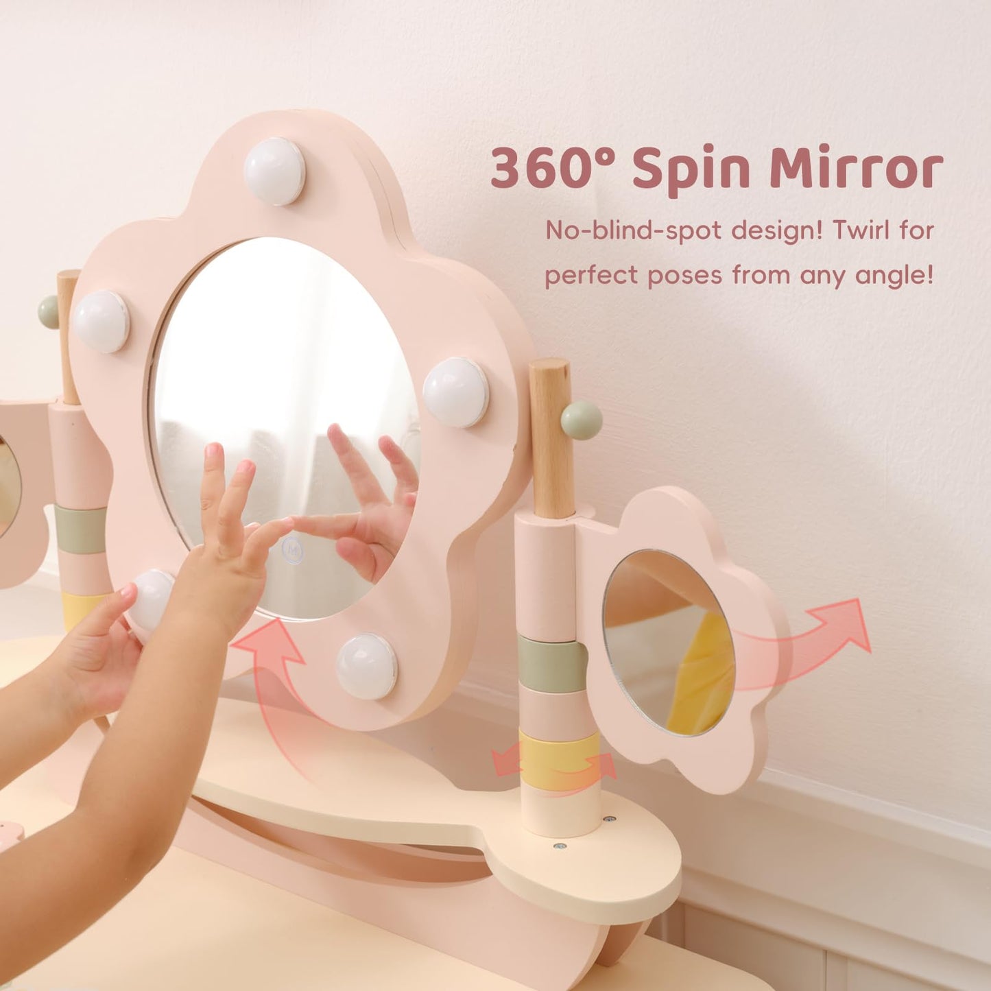 OOOK Kids Vanity Table and Chair Set with Lights, Makeup Vanities with Touch Screen 3 Colors, Pink Girls Vanitys, Enough for Real and Pretend Makeup, Toddler Vanity for 3 Year Old