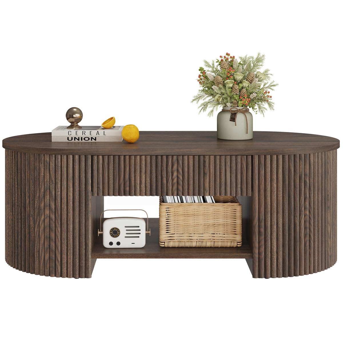 FATORRI Coffee Table with Storage, Mid Century Modern Wood Fluted Center Table with Shelf, Oval Coffee Tables with Drawer (Dark Walnut, 43.31 Inch)