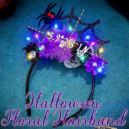 Uranian Light Up Halloween Headband LED Spider Web Headwear Spider Hairband Glowing Flower Party Hair Accessories for Women
