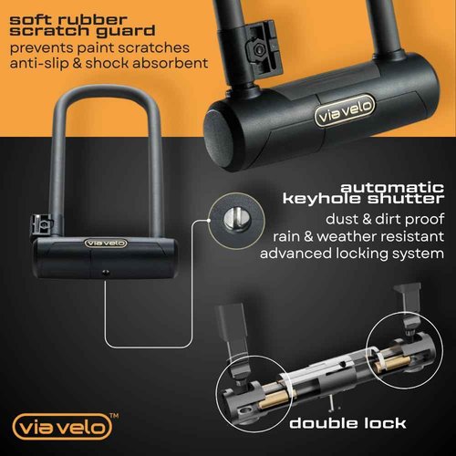 Via Velo Bike U Lock with Cable | Pro U Lock 20 CrMnTi Steel 15mm Shackle with Bracket Inside Size:9.6 x 3.5 in Sold Secure Gold Approval for Road Mountain Electric, Folding Bikes Scooter