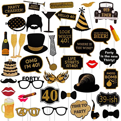 Adult 40th Birthday Photo Booth Props(41Pcs) for Her Him Cheers to 40 Years Birthday Party, Gold and Red Decorations,40th ...