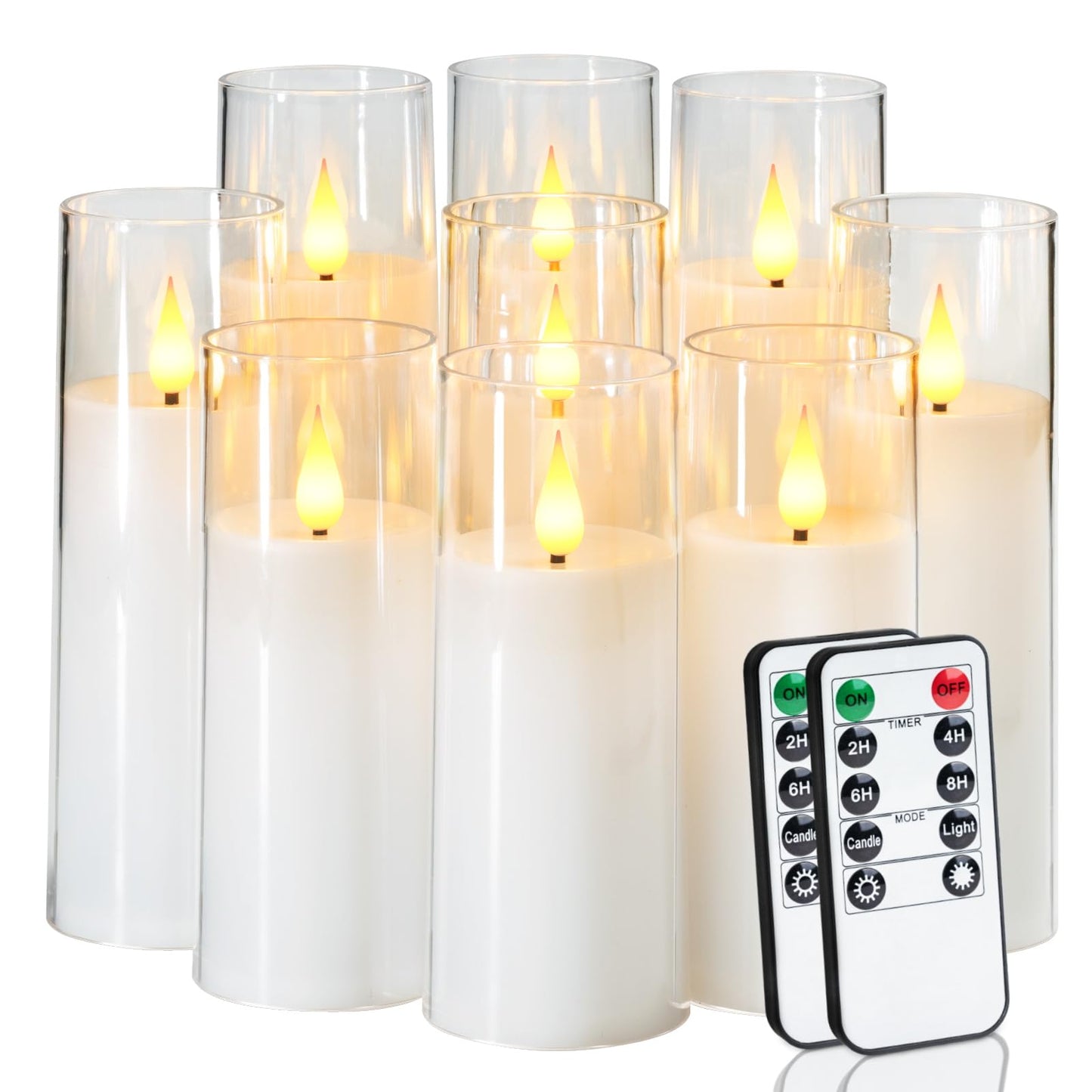 Amagic Pure White Flameless Candles, 9 Pack Battery Operated Candles with Remote and Timer, Acrylic Flickering Electric LED Candles for Wedding, Holiday Decor, D2.2''xH5''6" 7", Warm Yellow Glow