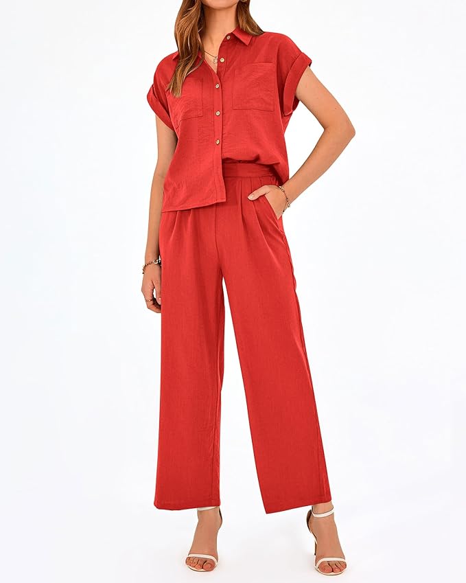 PRETTYGARDEN Womens 2 Piece sets Summer Cap Sleeve Tops Palazzo Pants Dressy Casual Vacation Travel Outfits Tracksuits