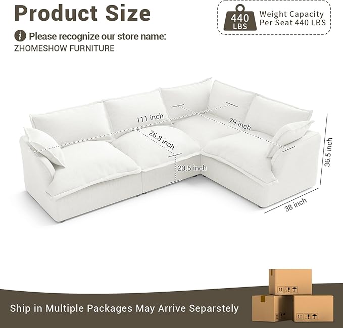Lopzeho 111” Oversized Modular Sectional Sofa, Comfy Down Fill Cloud Couch, L Shaped 4 Seater Couches with Washable Cover, Convertible Sectional Couches for Living Room, Cream White